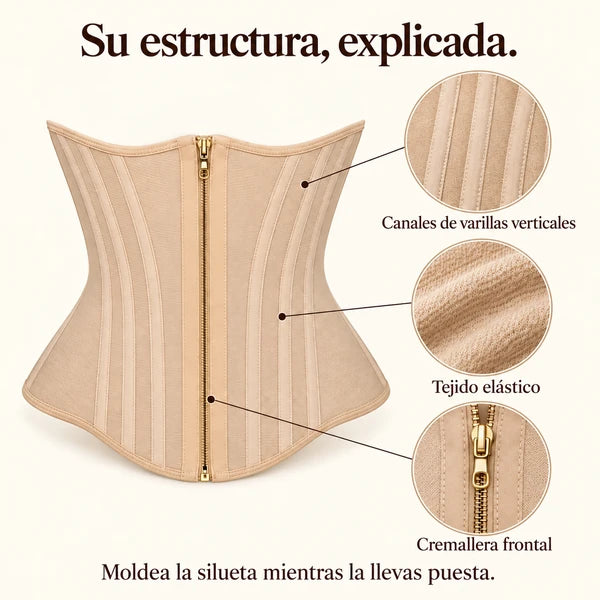 Estructura de la faja: canales de varillas verticales, tejido elástico y cremallera frontal